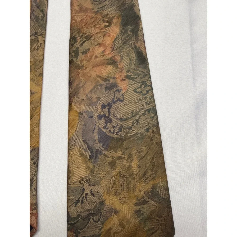 Oscar de la Renta Studio Silk‎ Tie Abstract Paisley Floral Gold Olive Brown USA
